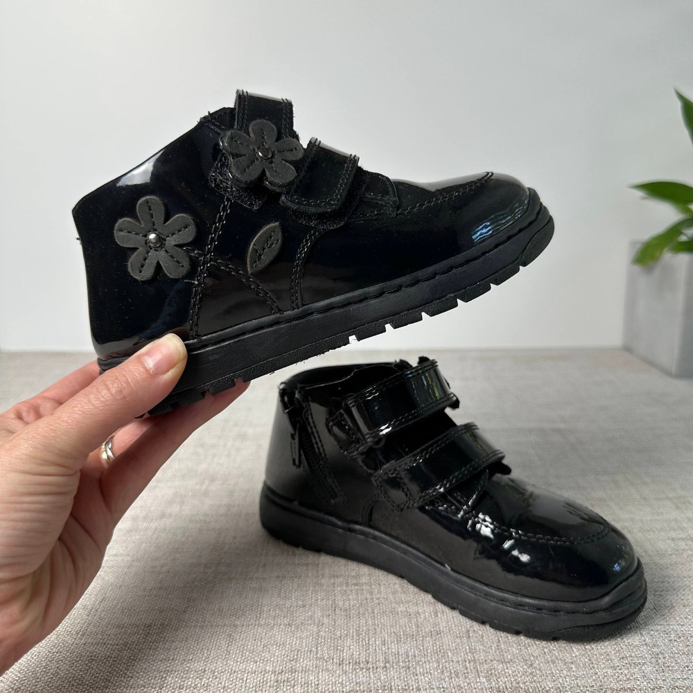 M&S Girls Black Patent Ankle Boots UK 10 EU 28 Floral School Shoes Zip